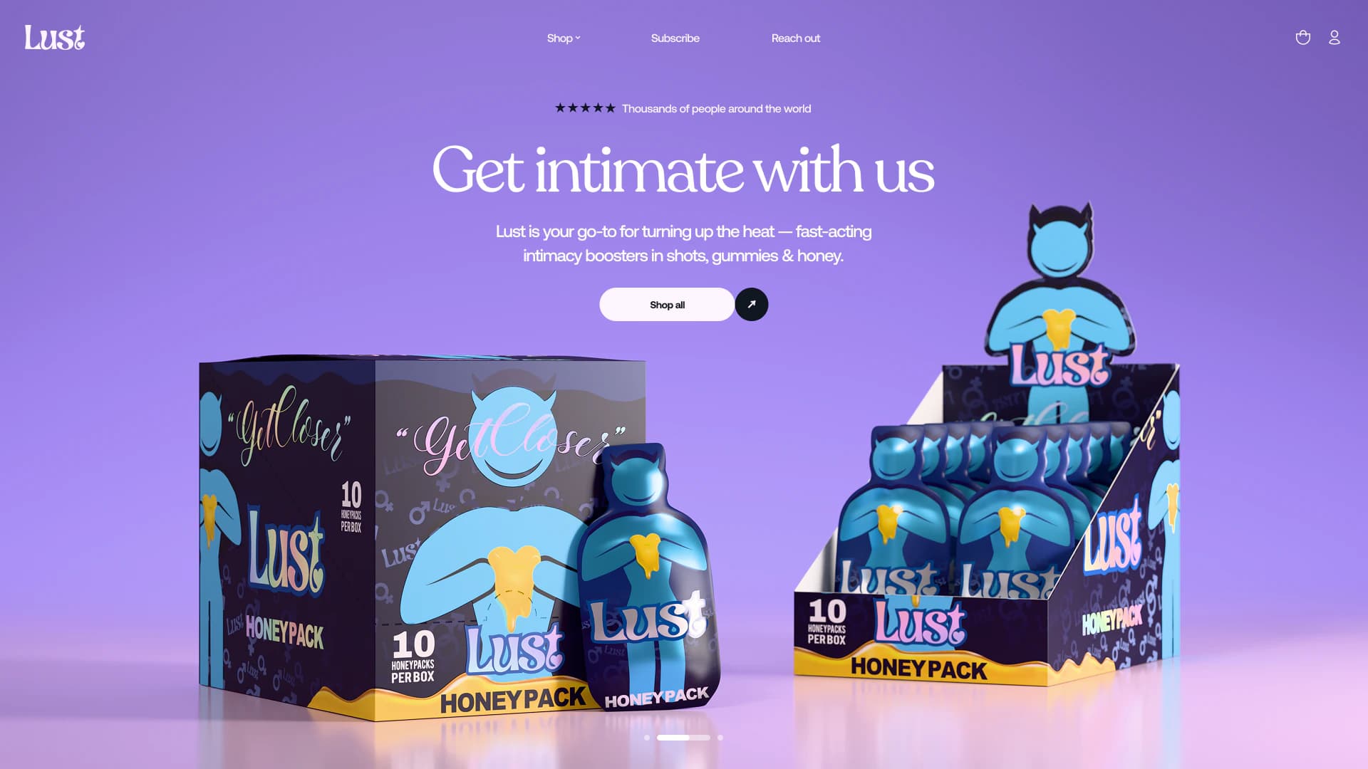 DrinkLust honey pack hero and 3D packaging