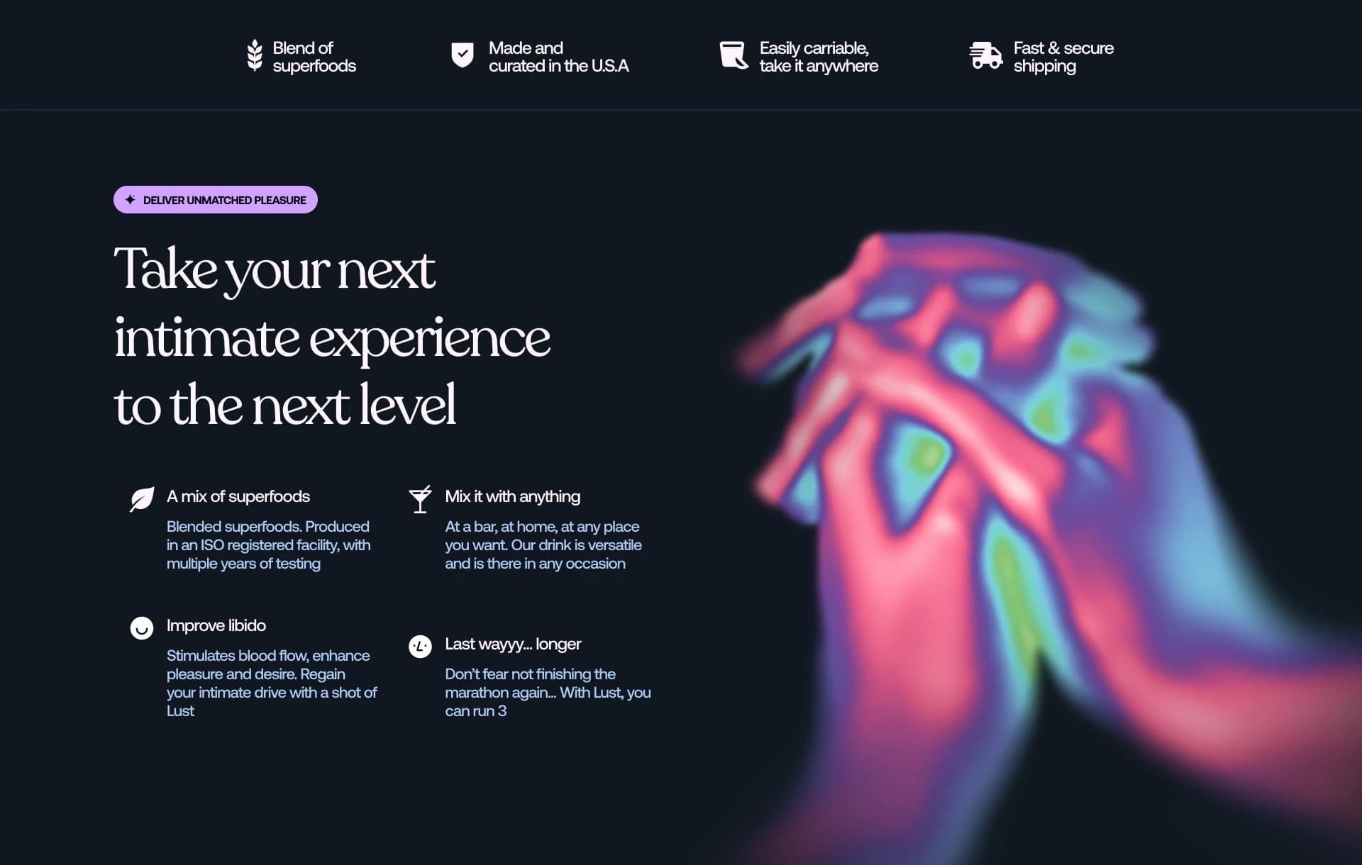 DrinkLust dark theme homepage and benefit messaging