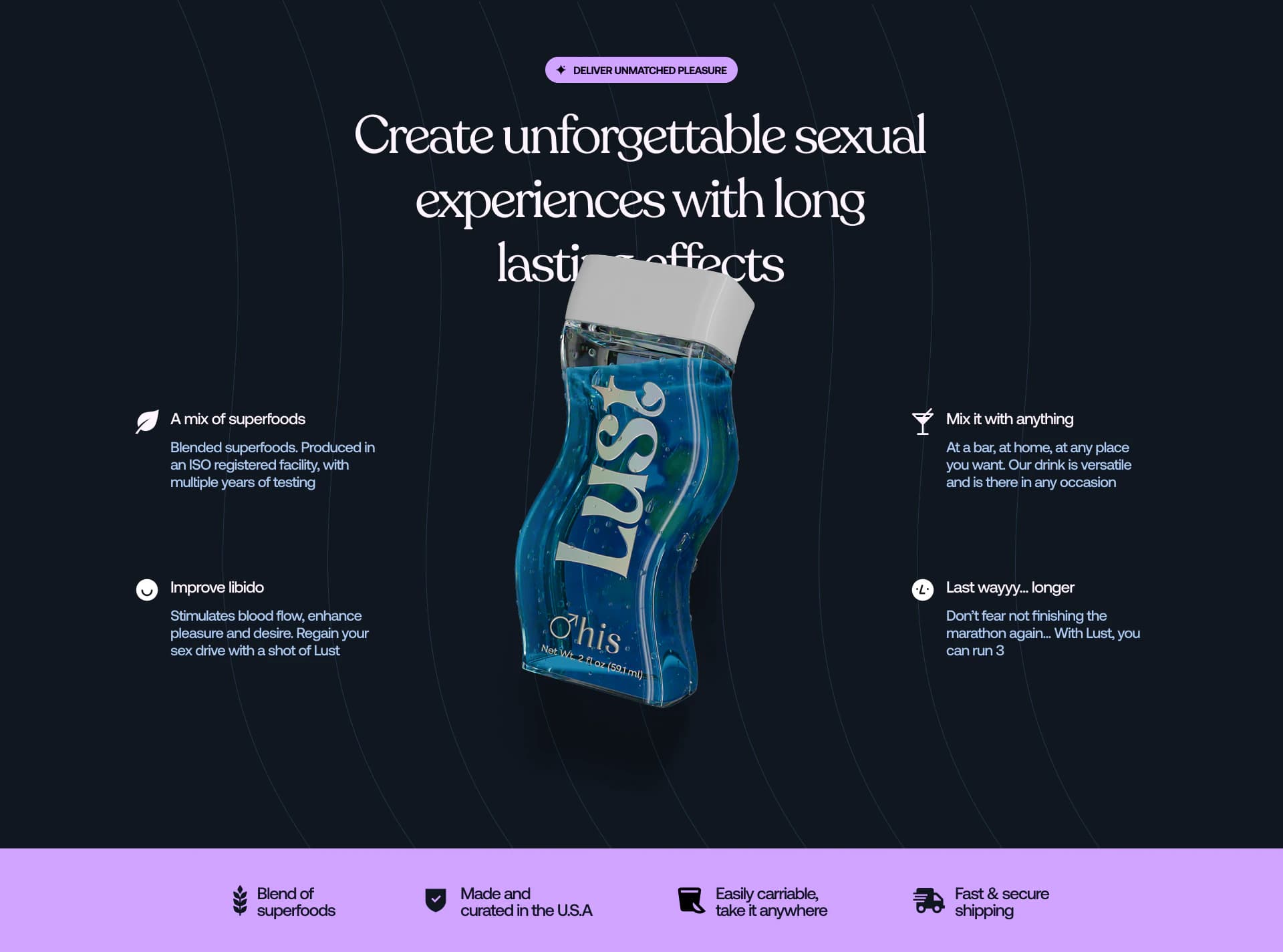 DrinkLust 3D product hero and brand messaging