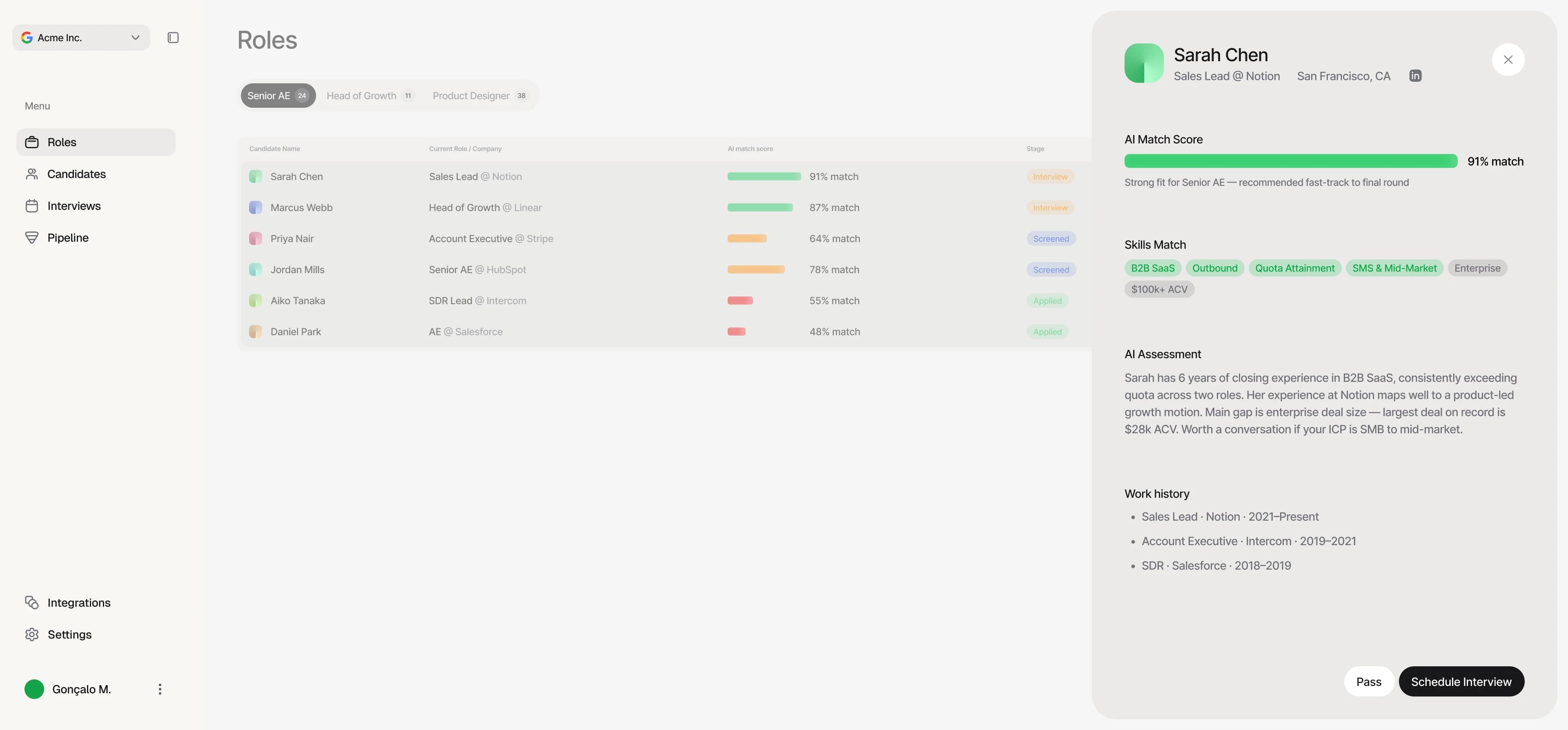 Sift — candidate detail panel with AI assessment and skills breakdown