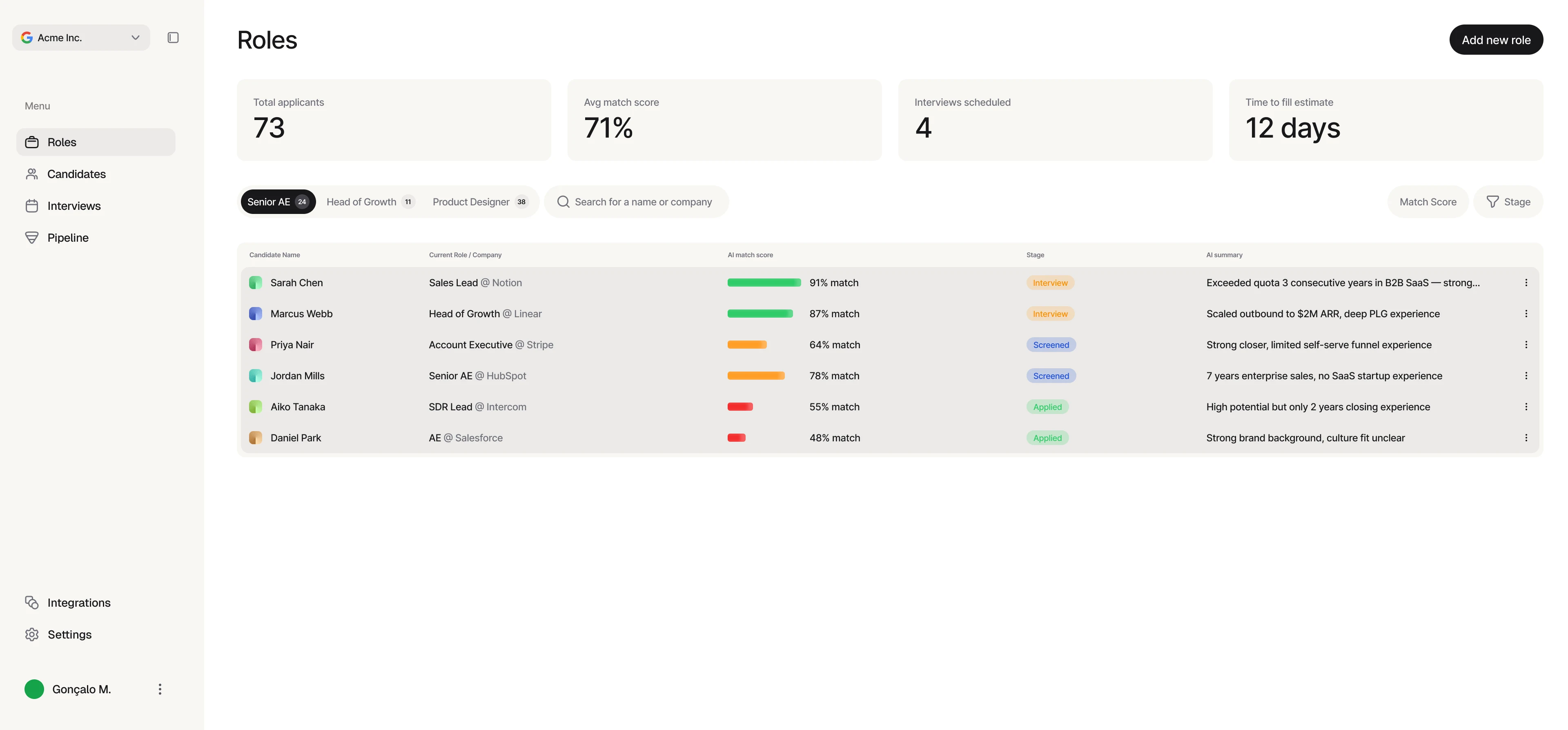 Sift — candidate pipeline dashboard with AI match scores