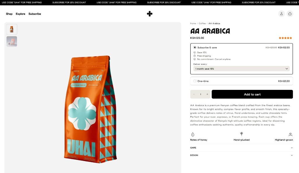 UHAI AA Arabica product page with subscribe and save options