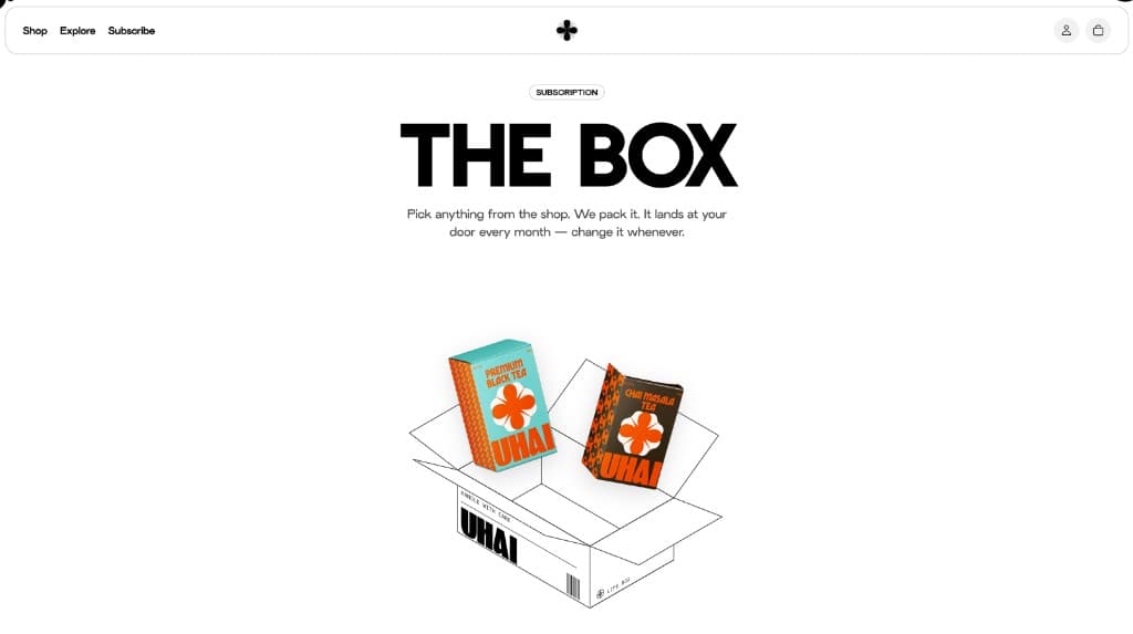 UHAI The Box subscription page with tea packaging in an open carton
