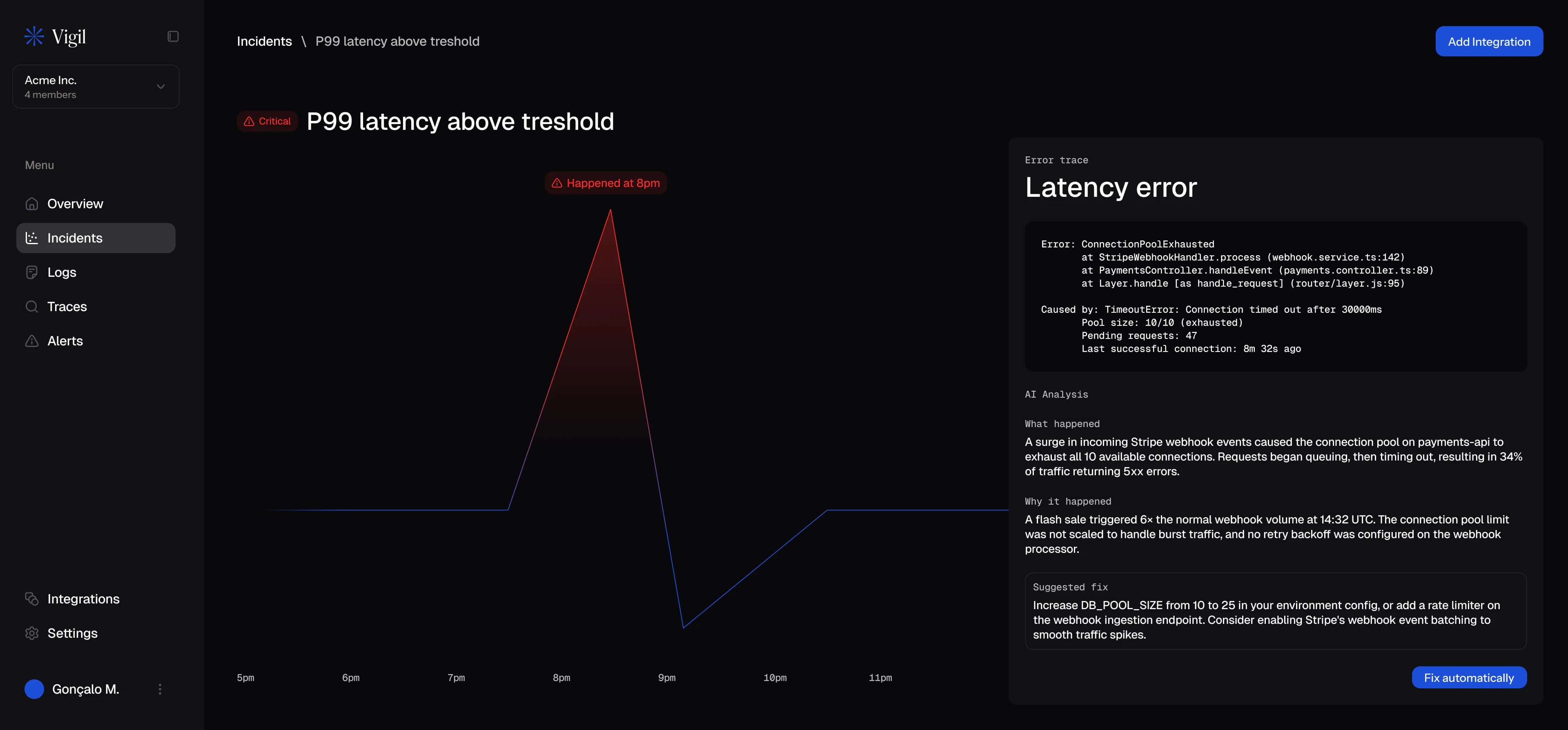 Vigil — AI root cause analysis for active incident